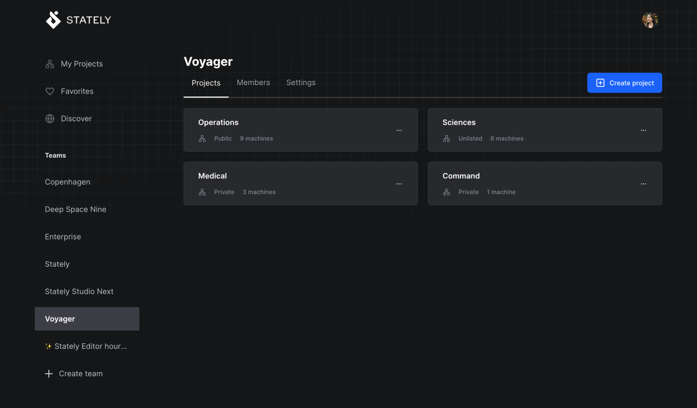 Stately Studio Projects page for the Voyager team, showing a list of four projects, one with public machines, two with private machines, and one with unlisted machines.