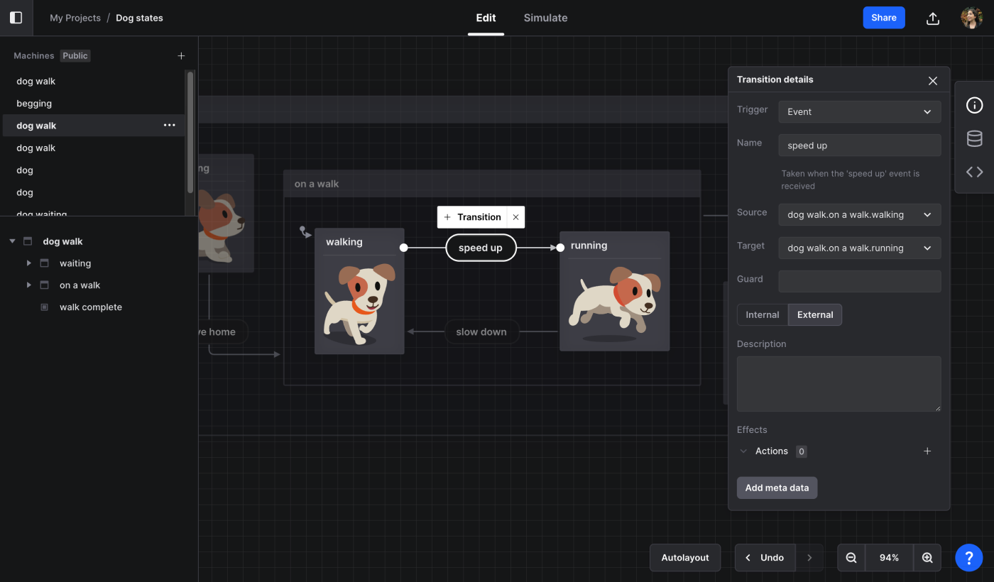 A dog walk machine open in the Stately Studio Editor. The dog walk machine has cute puppy images for each state, showing a dog walking and running. The speed up event is selected, and information and options for that transition is shown in an inspector panel on the right.