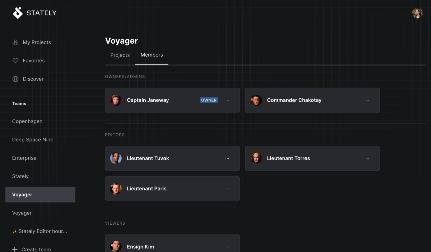 Stately Studio Team page for the Voyager team, showing Captain Janeway with the owner and admin role, Commander Chakotay with an admin role, Lieutenant Tuvok, Lieutenant Torees, and Lieutenant Paris with Editor roles, and Ensign Kim with a Viewer role.